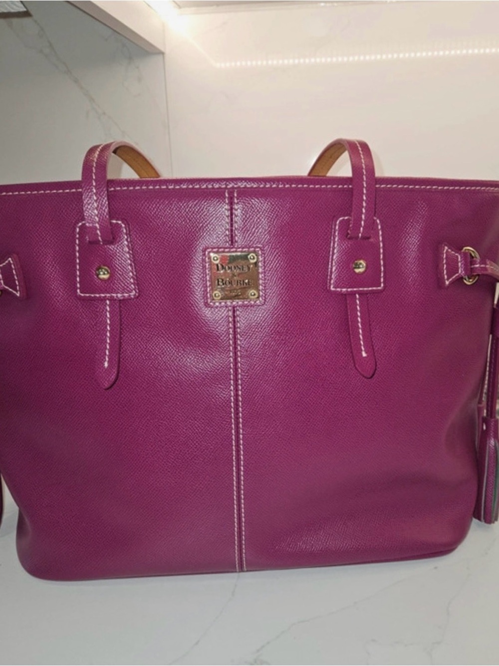 Dooney & Bourke Fuchsia Leather Tote with Gold Plaque